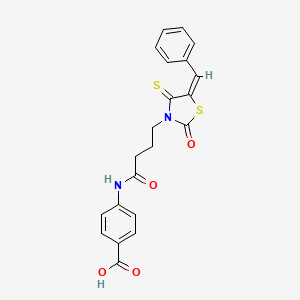 molecular formula C21H18N2O4S2 B2637112 (E)-4-(4-(5-benzylidene-2-oxo-4-thioxothiazolidin-3-yl)butanamido)benzoic acid CAS No. 306322-70-3