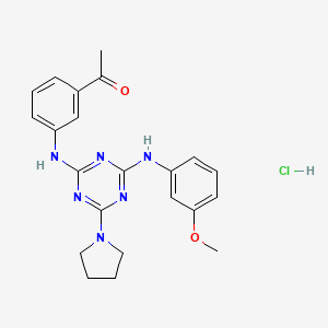 molecular formula C22H25ClN6O2 B2637124 1-(3-((4-((3-Methoxyphenyl)amino)-6-(pyrrolidin-1-yl)-1,3,5-triazin-2-yl)amino)phenyl)ethanone hydrochloride CAS No. 1179439-30-5