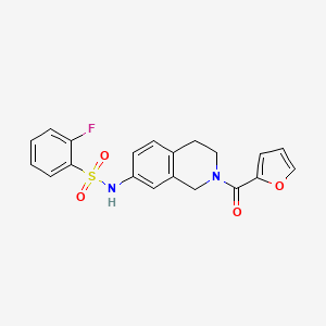 molecular formula C20H17FN2O4S B2637138 2-fluoro-N-(2-(furan-2-carbonyl)-1,2,3,4-tetrahydroisoquinolin-7-yl)benzenesulfonamide CAS No. 955697-67-3