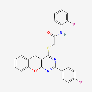 molecular formula C25H17F2N3O2S B2637140 N-(2-fluorophenyl)-2-((2-(4-fluorophenyl)-5H-chromeno[2,3-d]pyrimidin-4-yl)thio)acetamide CAS No. 866811-29-2