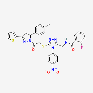 molecular formula C32H26FN7O4S2 B2637148 2-fluoro-N-((4-(4-nitrophenyl)-5-((2-oxo-2-(3-(thiophen-2-yl)-5-(p-tolyl)-4,5-dihydro-1H-pyrazol-1-yl)ethyl)thio)-4H-1,2,4-triazol-3-yl)methyl)benzamide CAS No. 393573-82-5