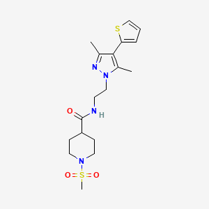 molecular formula C18H26N4O3S2 B2637153 N-(2-(3,5-dimethyl-4-(thiophen-2-yl)-1H-pyrazol-1-yl)ethyl)-1-(methylsulfonyl)piperidine-4-carboxamide CAS No. 2034553-61-0