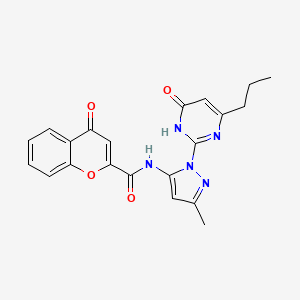 molecular formula C21H19N5O4 B2637209 N-(3-Methyl-1-(6-oxo-4-propyl-1,6-dihydropyrimidin-2-yl)-1H-pyrazol-5-yl)-4-oxo-4H-chromene-2-carboxamide CAS No. 1004637-40-4