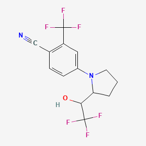 molecular formula C14H12F6N2O B2637219 4-(2-(2,2,2-Trifluoro-1-hydroxyethyl)pyrrolidin-1-yl)-2-(trifluoromethyl)benzonitrile CAS No. 1619264-51-5