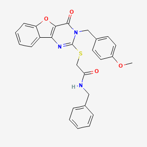 molecular formula C27H23N3O4S B2637282 N-苄基-2-({5-[(4-甲氧基苯基)甲基]-6-氧代-8-氧杂-3,5-二氮杂三环[7.4.0.0^{2,7}]十三-1(9),2(7),3,10,12-五烯-4-基}硫代)乙酰胺 CAS No. 866873-82-7