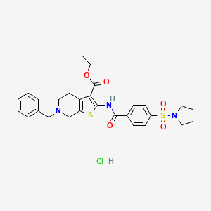 molecular formula C28H32ClN3O5S2 B2637428 Ethyl 6-benzyl-2-(4-(pyrrolidin-1-ylsulfonyl)benzamido)-4,5,6,7-tetrahydrothieno[2,3-c]pyridine-3-carboxylate hydrochloride CAS No. 1217055-90-7