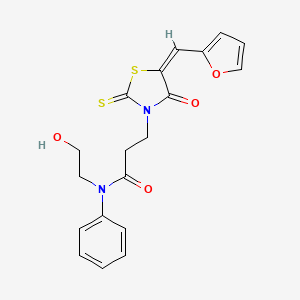 molecular formula C19H18N2O4S2 B2637441 (E)-3-(5-(furan-2-ylmethylene)-4-oxo-2-thioxothiazolidin-3-yl)-N-(2-hydroxyethyl)-N-phenylpropanamide CAS No. 682784-45-8