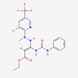 molecular formula C19H19ClF3N5O3 B2637522 ethyl (E)-3-[2-[3-chloro-5-(trifluoromethyl)pyridin-2-yl]-2-methylhydrazinyl]-3-(phenylcarbamoylamino)prop-2-enoate CAS No. 338794-91-5