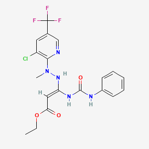 molecular formula C19H19ClF3N5O3 B2637522 ethyl (2E)-3-{2-[3-chloro-5-(trifluoromethyl)pyridin-2-yl]-2-methylhydrazin-1-yl}-3-[(phenylcarbamoyl)amino]prop-2-enoate CAS No. 338794-91-5