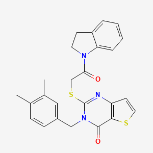 molecular formula C25H23N3O2S2 B2637564 2-{[2-(2,3-dihydro-1H-indol-1-yl)-2-oxoethyl]sulfanyl}-3-(3,4-dimethylbenzyl)thieno[3,2-d]pyrimidin-4(3H)-one CAS No. 1252854-70-8