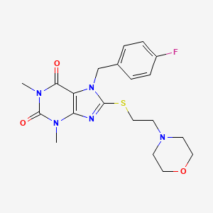 molecular formula C20H24FN5O3S B2637596 7-[(4-Fluorophenyl)methyl]-1,3-dimethyl-8-(2-morpholin-4-ylethylsulfanyl)purine-2,6-dione CAS No. 570368-51-3