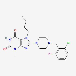 molecular formula C21H26ClFN6O2 B2637662 7-butyl-8-(4-(2-chloro-6-fluorobenzyl)piperazin-1-yl)-3-methyl-1H-purine-2,6(3H,7H)-dione CAS No. 898408-37-2