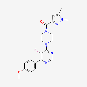 molecular formula C21H23FN6O2 B2637670 (1,5-Dimethylpyrazol-3-yl)-[4-[5-fluoro-6-(4-methoxyphenyl)pyrimidin-4-yl]piperazin-1-yl]methanone CAS No. 2380080-93-1