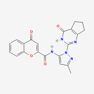 molecular formula C21H17N5O4 B2637794 N-(3-甲基-1-(4-氧代-4,5,6,7-四氢-3H-环戊[d]嘧啶-2-基)-1H-吡唑-5-基)-4-氧代-4H-色烯-2-甲酰胺 CAS No. 1002483-37-5