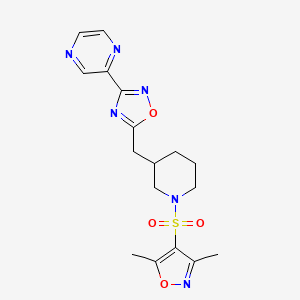 molecular formula C17H20N6O4S B2637796 5-((1-((3,5-Dimethylisoxazol-4-yl)sulfonyl)piperidin-3-yl)methyl)-3-(pyrazin-2-yl)-1,2,4-oxadiazole CAS No. 1706106-34-4