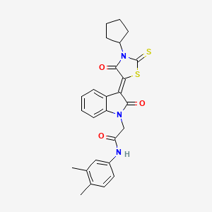 molecular formula C26H25N3O3S2 B2637825 (Z)-2-(3-(3-cyclopentyl-4-oxo-2-thioxothiazolidin-5-ylidene)-2-oxoindolin-1-yl)-N-(3,4-dimethylphenyl)acetamide CAS No. 865593-45-9
