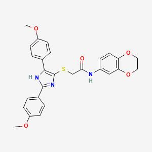 molecular formula C27H25N3O5S B2637828 2-{[2,5-bis(4-methoxyphenyl)-1H-imidazol-4-yl]sulfanyl}-N-(2,3-dihydro-1,4-benzodioxin-6-yl)acetamide CAS No. 901265-94-9