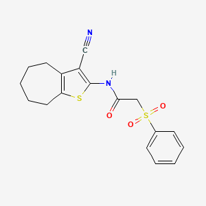 molecular formula C18H18N2O3S2 B2637841 N-(3-cyano-5,6,7,8-tetrahydro-4H-cyclohepta[b]thiophen-2-yl)-2-(phenylsulfonyl)acetamide CAS No. 898405-92-0