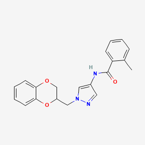 molecular formula C20H19N3O3 B2637889 N-(1-((2,3-二氢苯并[b][1,4]二氧杂环-2-基)甲基)-1H-吡唑-4-基)-2-甲基苯甲酰胺 CAS No. 1796949-00-2
