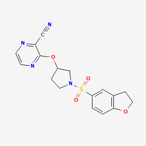 molecular formula C17H16N4O4S B2637917 3-((1-((2,3-Dihydrobenzofuran-5-yl)sulfonyl)pyrrolidin-3-yl)oxy)pyrazine-2-carbonitrile CAS No. 2034252-84-9