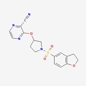 molecular formula C17H16N4O4S B2637917 3-((1-((2,3-二氢苯并呋喃-5-基)磺酰基)吡咯烷-3-基)氧基)吡嗪-2-碳腈 CAS No. 2034252-84-9