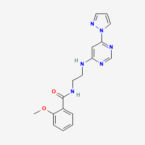 molecular formula C17H18N6O2 B2637965 N-(2-((6-(1H-pyrazol-1-yl)pyrimidin-4-yl)amino)ethyl)-2-methoxybenzamide CAS No. 1172558-17-6