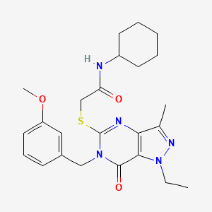 molecular formula C24H31N5O3S B2638080 N-cyclohexyl-2-({1-ethyl-6-[(3-methoxyphenyl)methyl]-3-methyl-7-oxo-1H,6H,7H-pyrazolo[4,3-d]pyrimidin-5-yl}sulfanyl)acetamide CAS No. 1357784-32-7