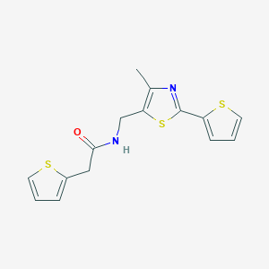 molecular formula C15H14N2OS3 B2638139 N-((4-methyl-2-(thiophen-2-yl)thiazol-5-yl)methyl)-2-(thiophen-2-yl)acetamide CAS No. 1396687-22-1