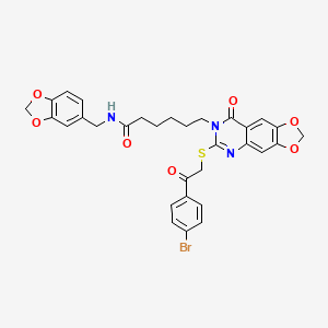 molecular formula C31H28BrN3O7S B2638155 N-(1,3-苯并二氧杂环戊-5-基甲基)-6-[6-{[2-(4-溴苯基)-2-氧代乙基]硫代}-8-氧代[1,3]二氧杂环[4,5-g]喹唑啉-7(8H)-基]己酰胺 CAS No. 688061-21-4