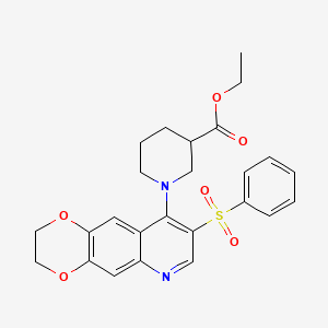 molecular formula C25H26N2O6S B2638270 Ethyl 1-[8-(phenylsulfonyl)-2,3-dihydro[1,4]dioxino[2,3-g]quinolin-9-yl]piperidine-3-carboxylate CAS No. 866811-92-9