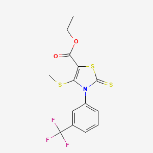 molecular formula C14H12F3NO2S3 B2638361 Ethyl 4-(methylsulfanyl)-2-thioxo-3-[3-(trifluoromethyl)phenyl]-2,3-dihydro-1,3-thiazole-5-carboxylate CAS No. 866136-41-6