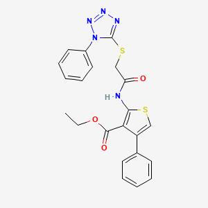 molecular formula C22H19N5O3S2 B2638396 ethyl 4-phenyl-2-{2-[(1-phenyl-1H-1,2,3,4-tetrazol-5-yl)sulfanyl]acetamido}thiophene-3-carboxylate CAS No. 302581-54-0
