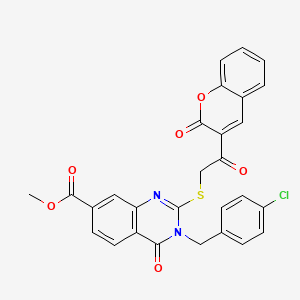 molecular formula C28H19ClN2O6S B2638502 Methyl 3-[(4-chlorophenyl)methyl]-4-oxo-2-[2-oxo-2-(2-oxochromen-3-yl)ethyl]sulfanylquinazoline-7-carboxylate CAS No. 422273-79-8