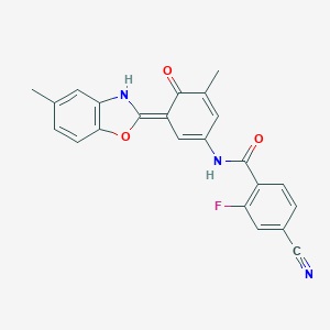molecular formula C23H16FN3O3 B263853 4-cyano-2-fluoro-N-[(3E)-5-methyl-3-(5-methyl-3H-1,3-benzoxazol-2-ylidene)-4-oxocyclohexa-1,5-dien-1-yl]benzamide 