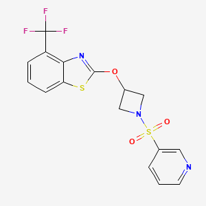 molecular formula C16H12F3N3O3S2 B2638612 2-((1-(Pyridin-3-ylsulfonyl)azetidin-3-yl)oxy)-4-(trifluoromethyl)benzo[d]thiazole CAS No. 1421513-15-6