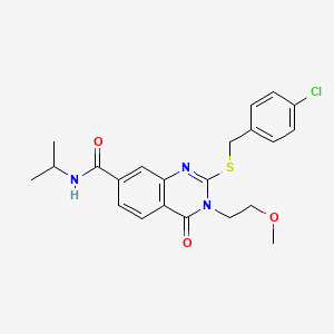 molecular formula C22H24ClN3O3S B2638620 2-((4-chlorobenzyl)thio)-N-isopropyl-3-(2-methoxyethyl)-4-oxo-3,4-dihydroquinazoline-7-carboxamide CAS No. 946270-51-5