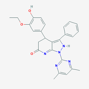 molecular formula C26H25N5O3 B263868 1-(4,6-dimethylpyrimidin-2-yl)-4-(3-ethoxy-4-hydroxyphenyl)-3-phenyl-4,5-dihydro-2H-pyrazolo[3,4-b]pyridin-6-one 