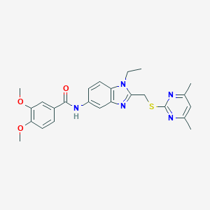 molecular formula C25H27N5O3S B263869 N-(2-{[(4,6-dimethyl-2-pyrimidinyl)sulfanyl]methyl}-1-ethyl-1H-benzimidazol-5-yl)-3,4-dimethoxybenzamide 