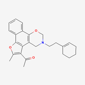 molecular formula C25H27NO3 B2638711 1-{9-[2-(Cyclohex-1-en-1-yl)ethyl]-4-methyl-3,11-dioxa-9-azatetracyclo[11.4.0.0^{2,6}.0^{7,12}]heptadeca-1,4,6,12,14,16-hexaen-5-yl}ethan-1-one CAS No. 438486-89-6