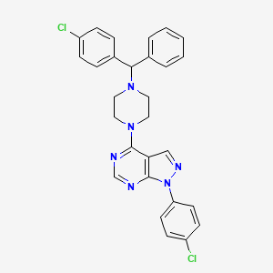 molecular formula C28H24Cl2N6 B2638720 1-(4-chlorophenyl)-4-(4-((4-chlorophenyl)(phenyl)methyl)piperazin-1-yl)-1H-pyrazolo[3,4-d]pyrimidine CAS No. 393846-85-0