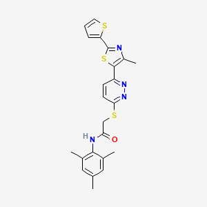 molecular formula C23H22N4OS3 B2638857 N-mesityl-2-((6-(4-methyl-2-(thiophen-2-yl)thiazol-5-yl)pyridazin-3-yl)thio)acetamide CAS No. 921122-48-7