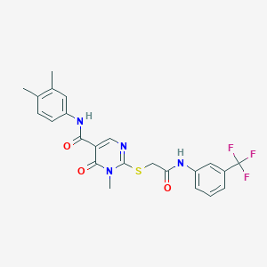 molecular formula C23H21F3N4O3S B2638866 N-(3,4-dimethylphenyl)-1-methyl-6-oxo-2-((2-oxo-2-((3-(trifluoromethyl)phenyl)amino)ethyl)thio)-1,6-dihydropyrimidine-5-carboxamide CAS No. 878064-77-8