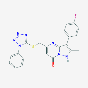 molecular formula C21H16FN7OS B263887 3-(4-fluorophenyl)-2-methyl-5-{[(1-phenyl-1H-tetraazol-5-yl)sulfanyl]methyl}pyrazolo[1,5-a]pyrimidin-7(4H)-one 