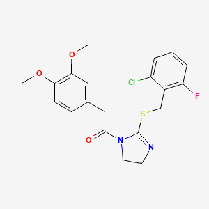 molecular formula C20H20ClFN2O3S B2638974 1-[2-[(2-Chloro-6-fluorophenyl)methylsulfanyl]-4,5-dihydroimidazol-1-yl]-2-(3,4-dimethoxyphenyl)ethanone CAS No. 851802-97-6
