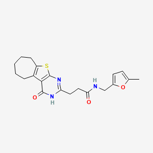 molecular formula C20H23N3O3S B2639025 N-((5-methylfuran-2-yl)methyl)-3-(4-oxo-4,5,6,7,8,9-hexahydro-3H-cyclohepta[4,5]thieno[2,3-d]pyrimidin-2-yl)propanamide CAS No. 950314-40-6
