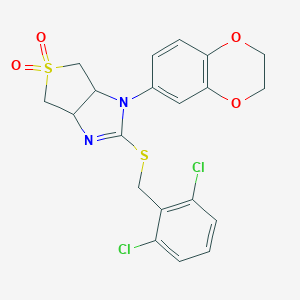 molecular formula C20H18Cl2N2O4S2 B263910 2-[(2,6-dichlorobenzyl)sulfanyl]-1-(2,3-dihydro-1,4-benzodioxin-6-yl)-3a,4,6,6a-tetrahydro-1H-thieno[3,4-d]imidazole 5,5-dioxide 