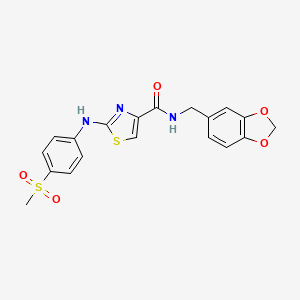 molecular formula C19H17N3O5S2 B2639109 N-(benzo[d][1,3]dioxol-5-ylmethyl)-2-((4-(methylsulfonyl)phenyl)amino)thiazole-4-carboxamide CAS No. 1170041-55-0