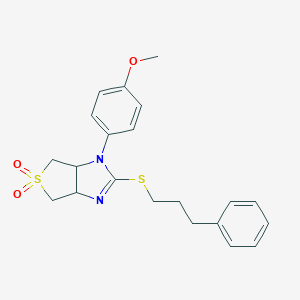 molecular formula C21H24N2O3S2 B263911 4-{5,5-dioxido-2-[(3-phenylpropyl)sulfanyl]-3a,4,6,6a-tetrahydro-1H-thieno[3,4-d]imidazol-1-yl}phenyl methyl ether 