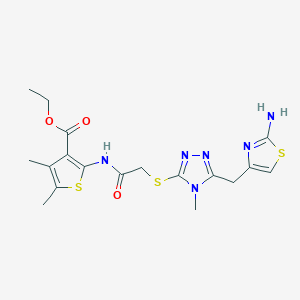molecular formula C18H22N6O3S3 B2639129 ethyl 2-{[({5-[(2-amino-1,3-thiazol-4-yl)methyl]-4-methyl-4H-1,2,4-triazol-3-yl}thio)acetyl]amino}-4,5-dimethyl-3-thiophenecarboxylate CAS No. 690643-16-4