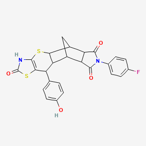 molecular formula C25H19FN2O4S2 B2639144 (4aR,5R,5aR,8aR,9S)-7-(4-fluorophenyl)-10-(4-hydroxyphenyl)-5,5a,8a,9,9a,10-hexahydro-5,9-methanothiazolo[5',4':5,6]thiopyrano[2,3-f]isoindole-2,6,8(3H,4aH,7H)-trione CAS No. 1177598-31-0